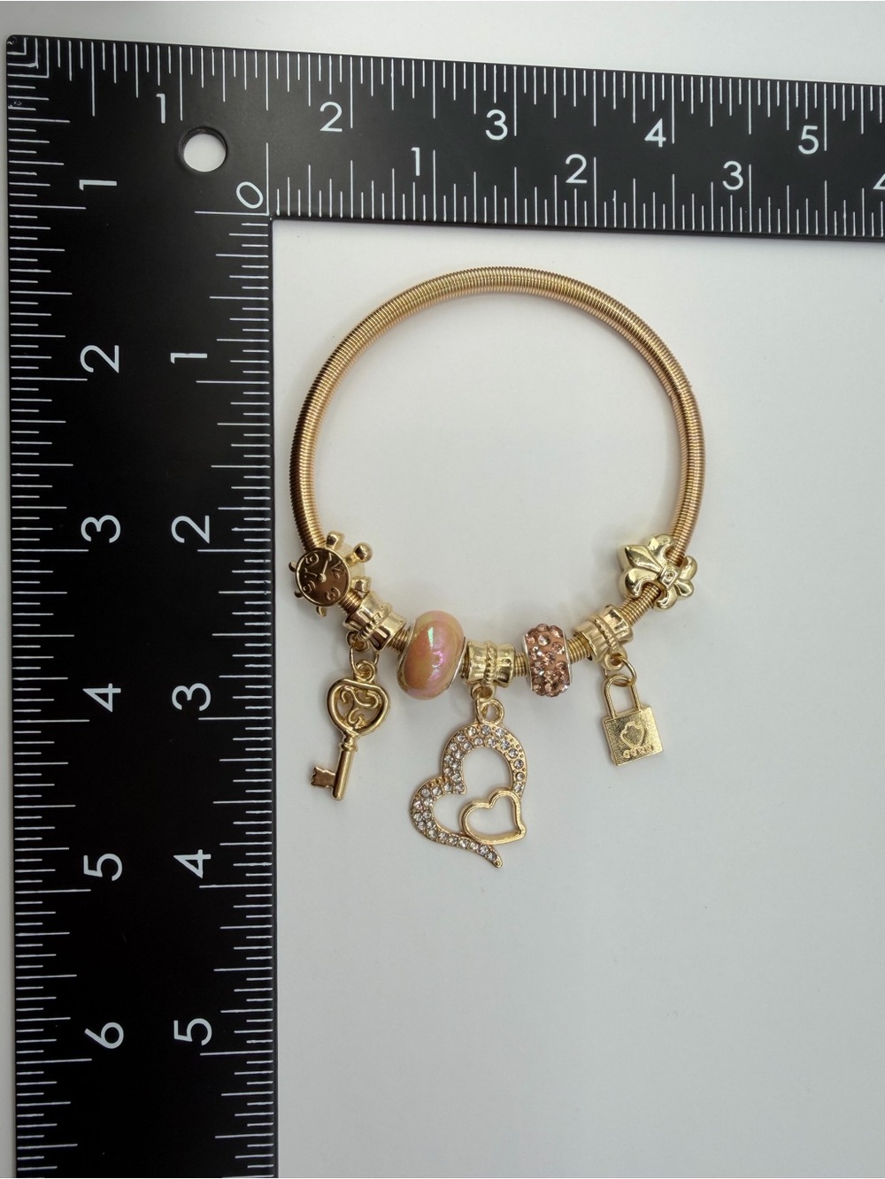 Gold Lock & Key Charm Bracelet | Pandora Style Snake Chain - Picture 4 of 10